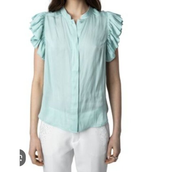Zadig & Voltaire Tiza Satin Ruffle sleeve Light Green blouse size Medium office - Picture 1 of 8